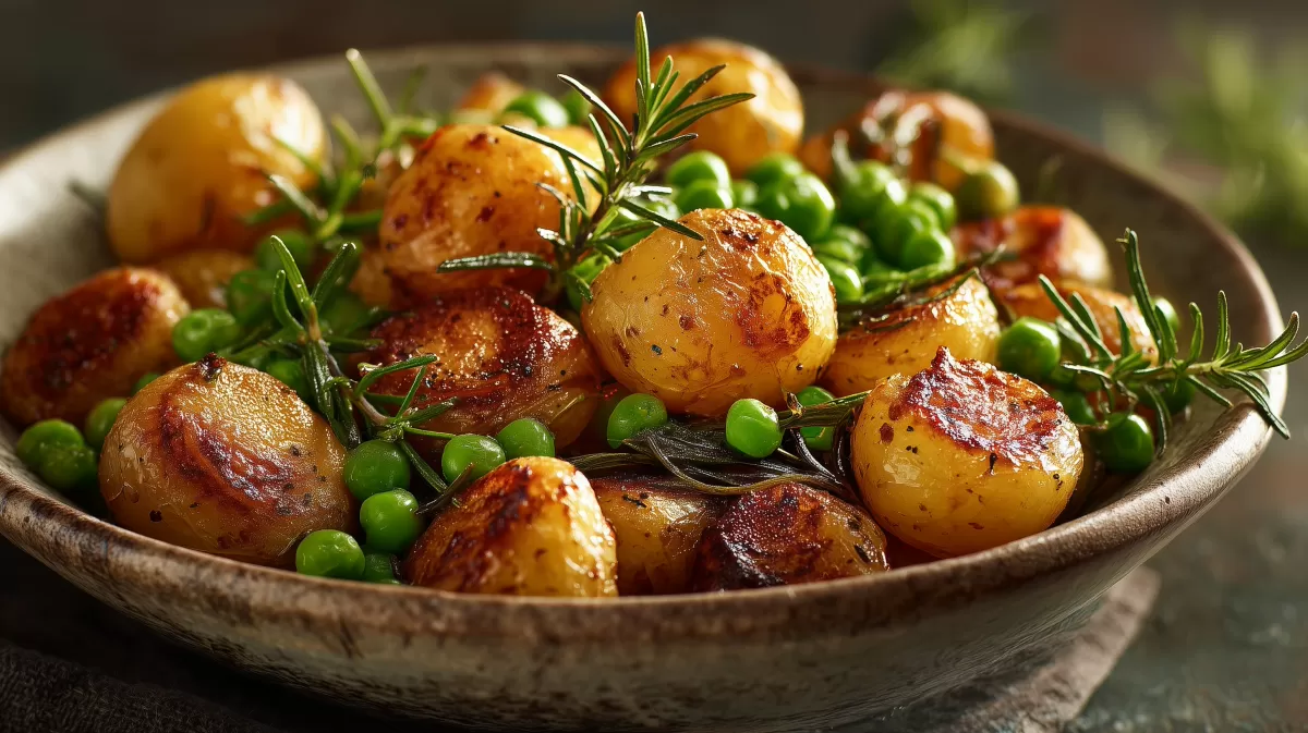 Rosmarinkartoffeln mit grünen Erbsen in Schüssel