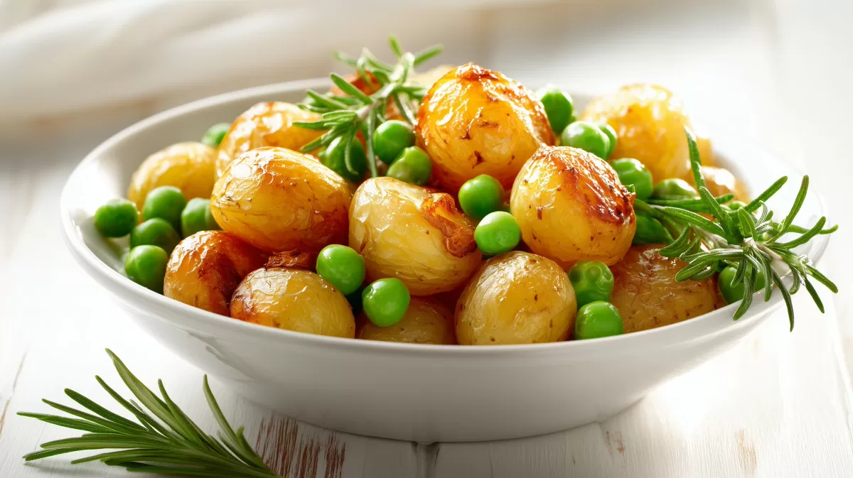 Rosmarinkartoffeln mit grünen Erbsen in weißer Schale