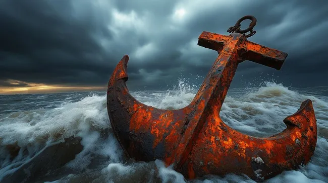 Rostige Schiffsanker im stürmischen Meer