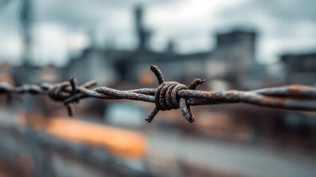Rostiger Stacheldraht vor industrieller Silhouette