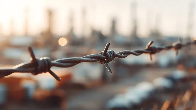 Rostiger Stacheldraht vor unscharfer Industrielandschaft