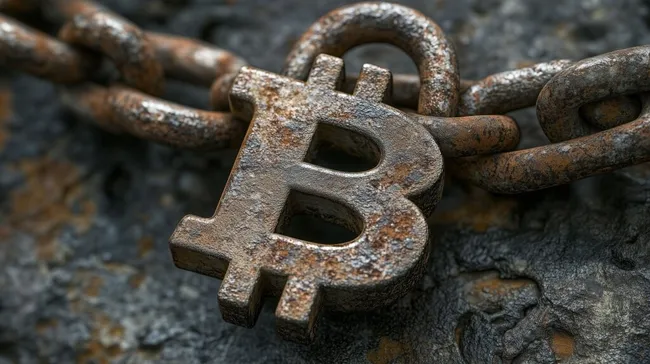 Rostiges Bitcoin-Symbol an metallener Kette