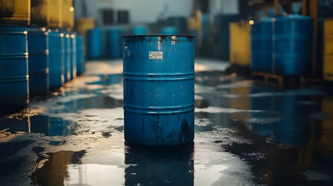 Rostiges, blaues Metallfass auf nasser Industrieoberfläche