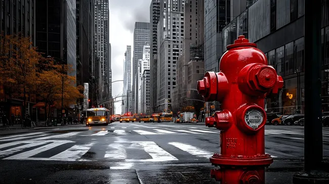 Rot lackierter Hydrant auf regennasser Straße in New York City