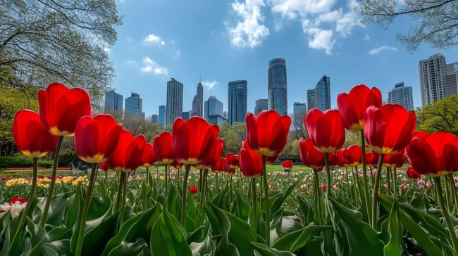 Rot leuchtende Tulpenblüten in moderner Stadtkulisse