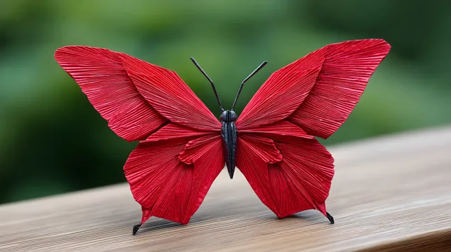Rot leuchtender Origami-Schmetterling auf Holztisch