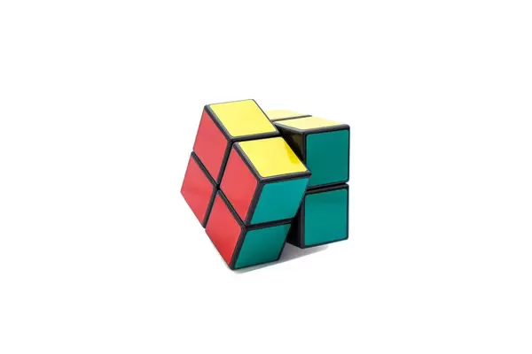 Rotated Rubik's cube 2x2x2 on white background