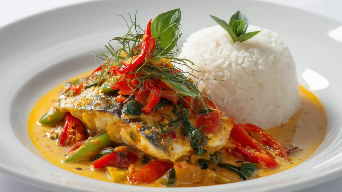 Rotbarsch-Curry mit Kokos auf asiatischem Reis
