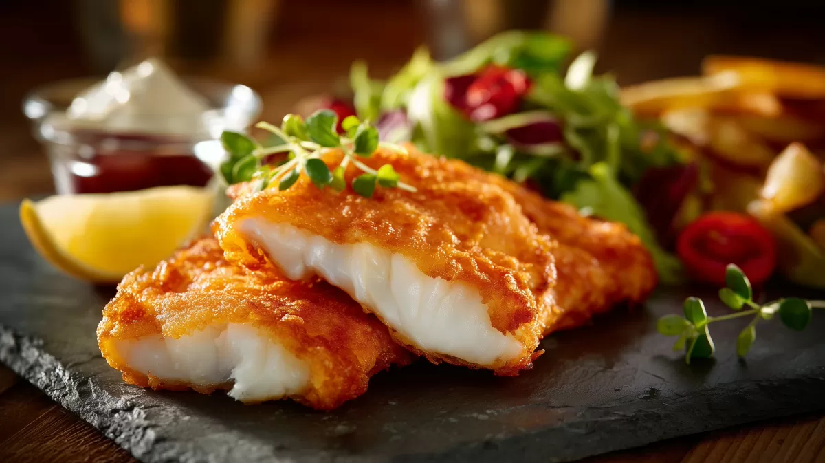 Rotbarsch im Bierteig auf Schieferplatte serviert