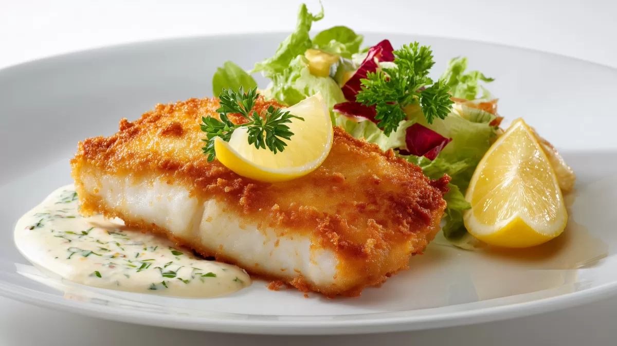 Rotbarsch im Bierteig mit Salat und Zitrone