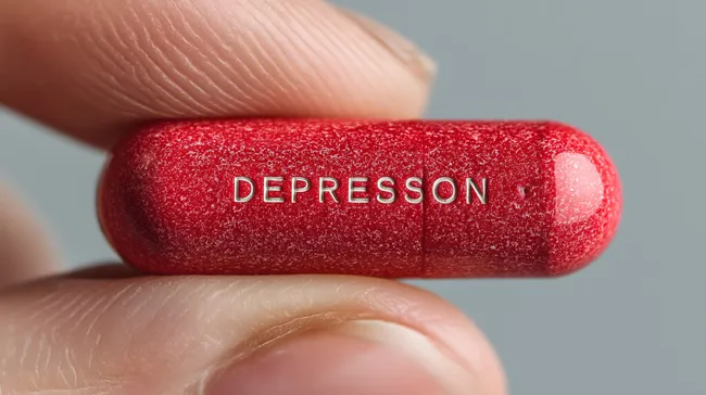 Rote Antidepressivum-Kapsel in Nahaufnahme