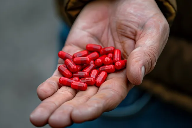 Rote Arzneikapseln in einer Hand