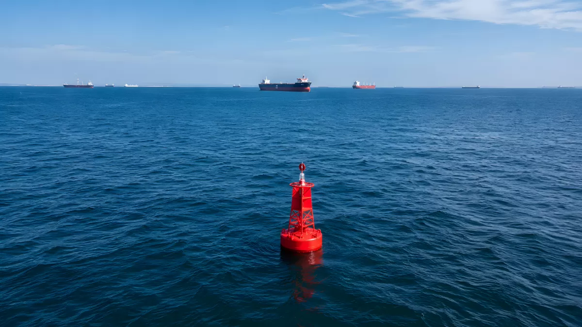 Rote Boje im Meer mit Frachtschiffen am Horizont