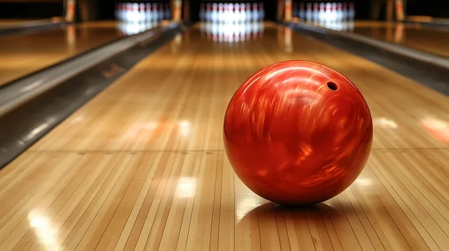 Rote Bowlingkugel auf glänzender Bowlingbahn