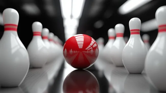 Rote Bowlingkugel trifft weiße Kegel auf moderner Bahn