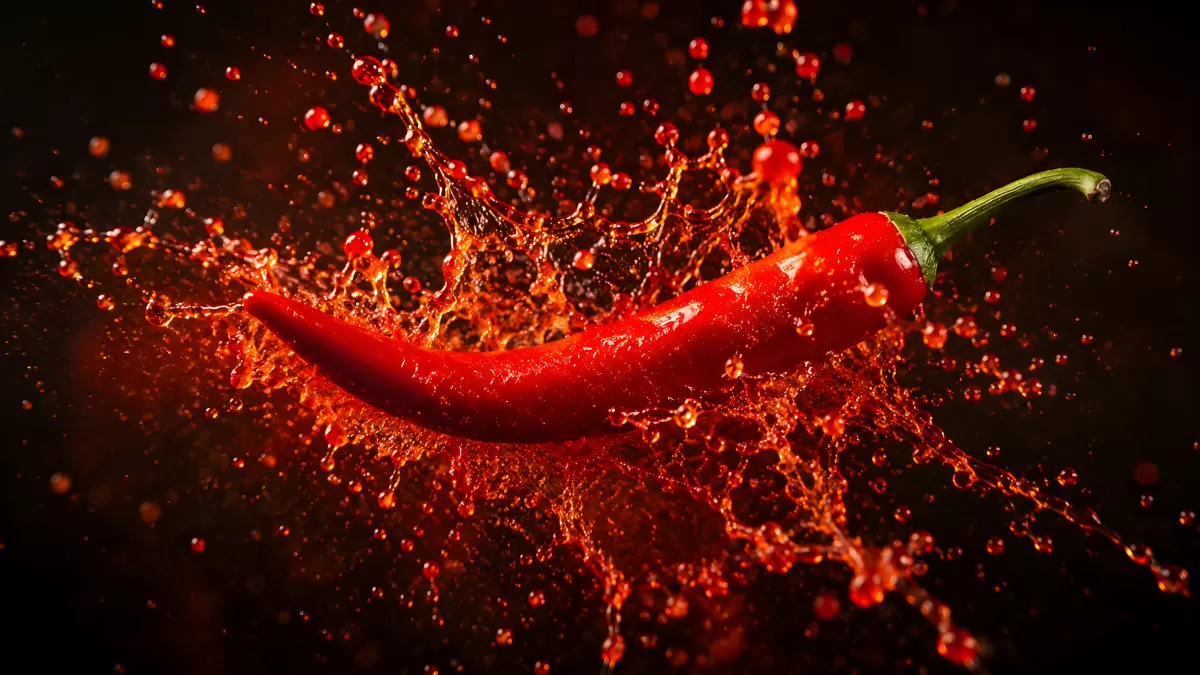 Rote Chilischote mit dramatischem Flüssigkeitsspritzer