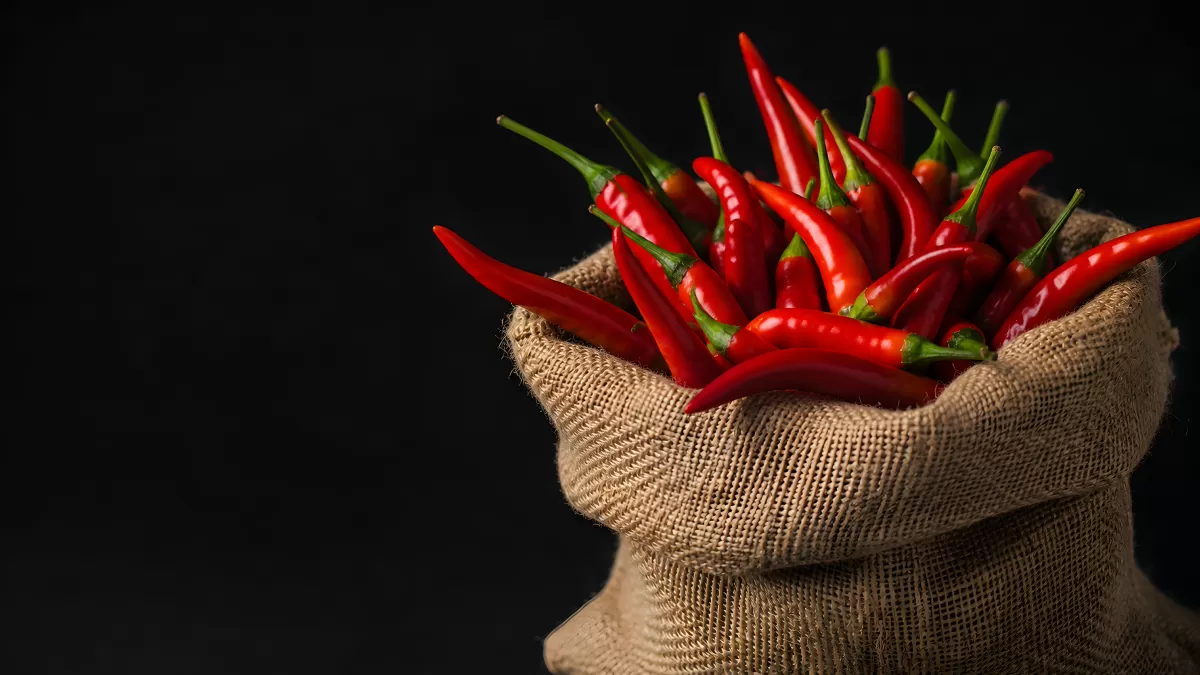 Rote Chilischoten in einem rustikalen Jutesack