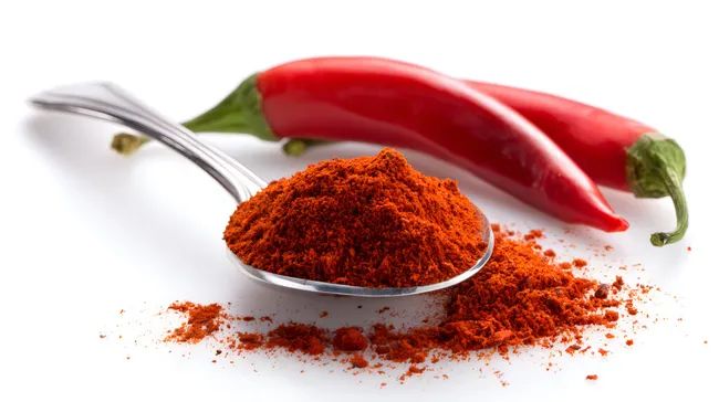 Rote Chilischoten und gemahlenes Paprikapulver auf weißem Hintergrund