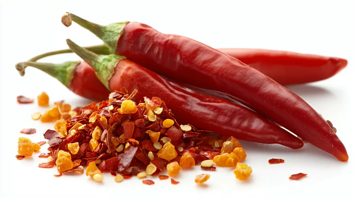 Rote Chilischoten und getrocknete Chili-Flocken