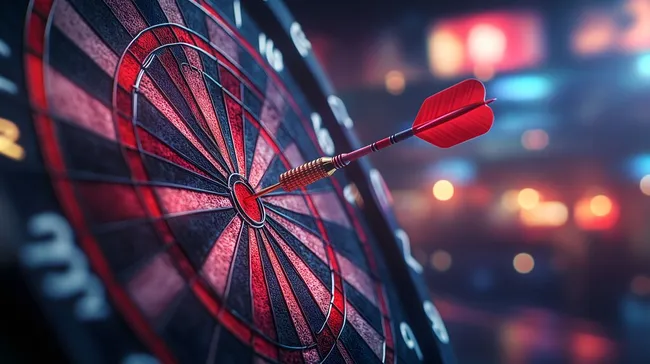 Rote Dartpfeile treffen Bullseye auf Dartscheibe