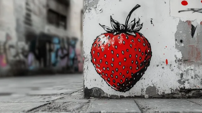 Rote Erdbeere auf graffitibeschmierter Wand