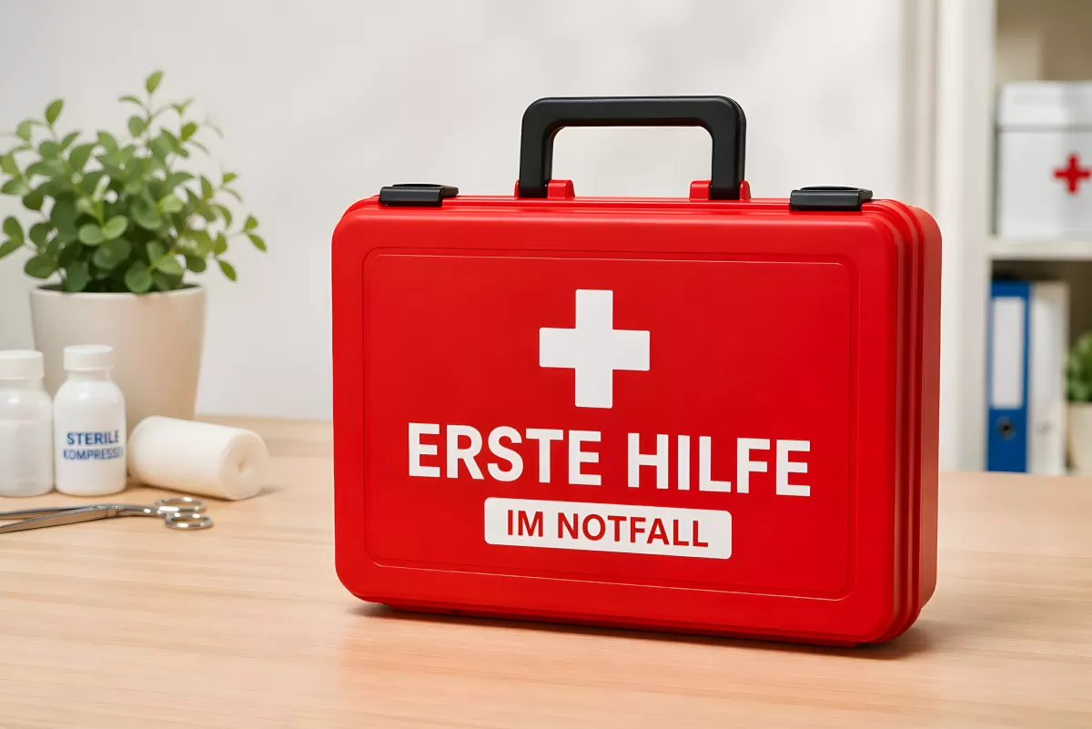 Rote Erste-Hilfe-Koffer auf Holztisch im Büro