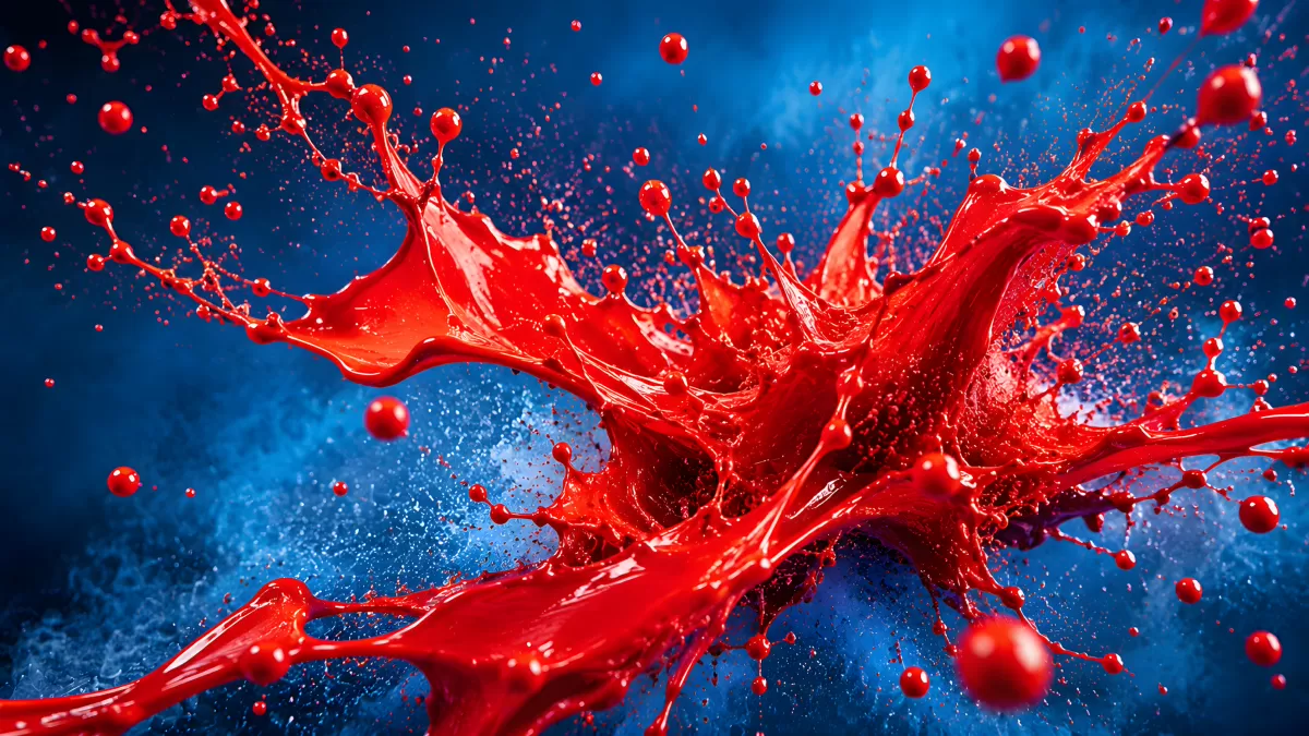 Rote Farbe spritzt dynamisch vor blauem Hintergrund