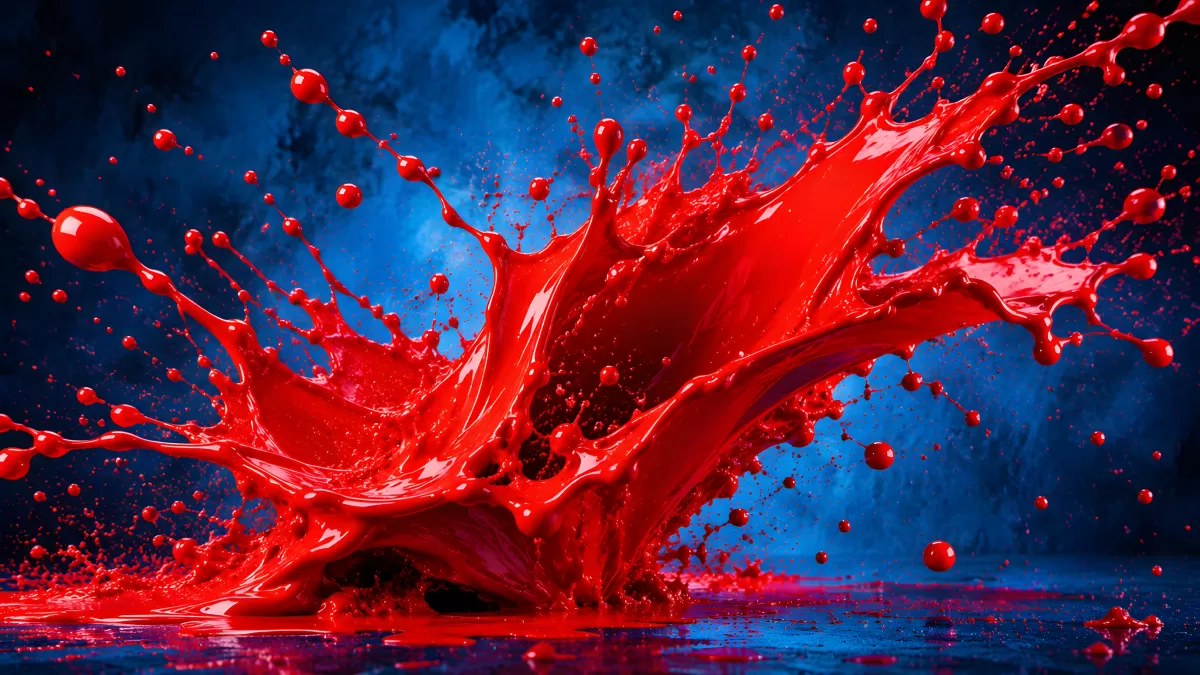 Rote Farbexplosion spritzt dynamisch vor blauem Hintergrund