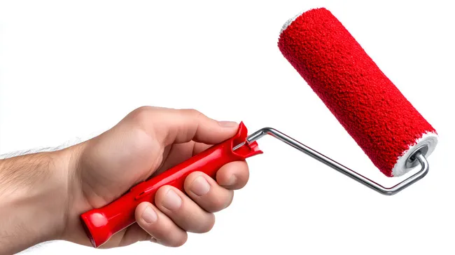 Rote Farbroller zum Streichen in der Hand gehalten