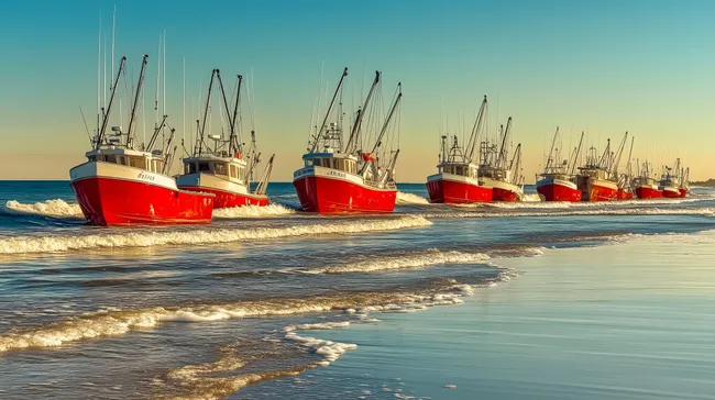 Rote Fischerboote vor blauem Himmel an der Küste