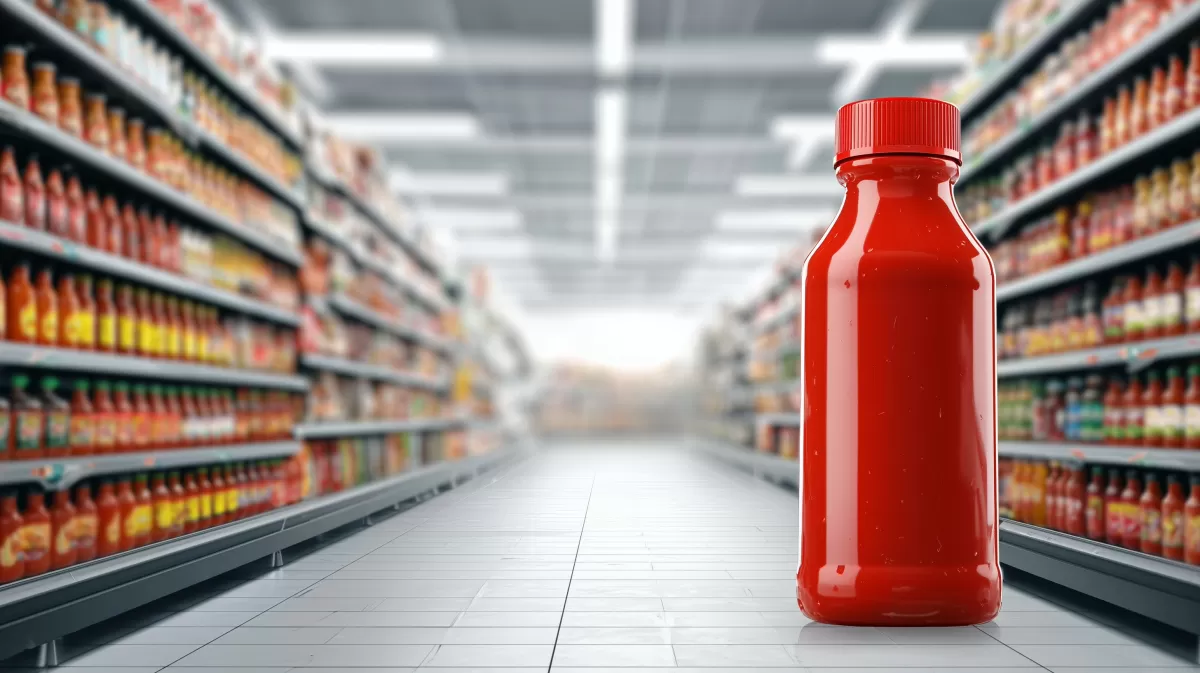 Rote Flasche im modernen Supermarktregal