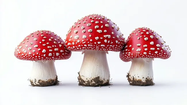 Rote Fliegenpilze mit weißen Punkten auf Holzstämmen