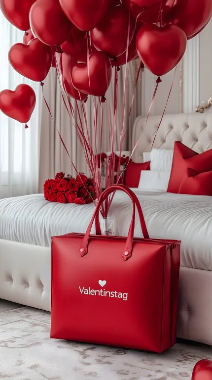 Rote Geschenktasche mit Herzballons und Rosen zum Valentinstag