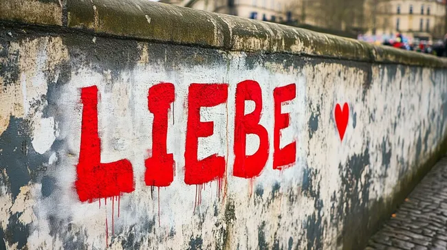 Rote Graffiti-Schrift mit Herz auf rauer Wand
