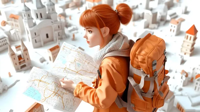 Rote-Haarige Touristin erkundet 3D-Stadtmodell mit Landkarte