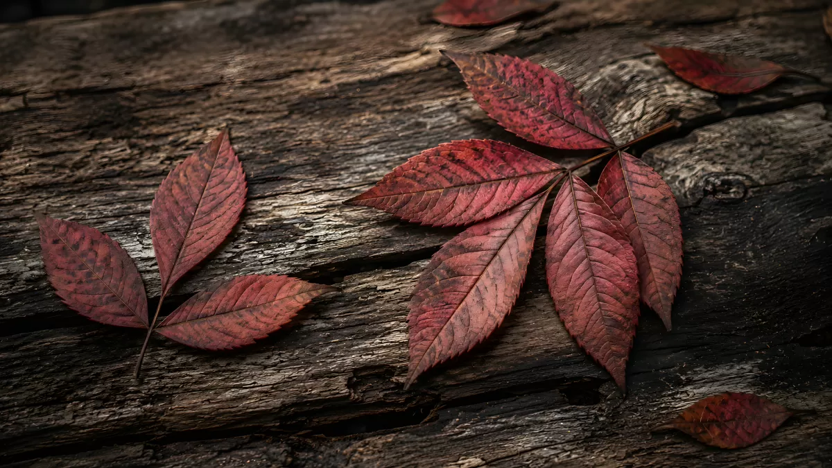 Rote Herbstblätter auf verwittertem Holz