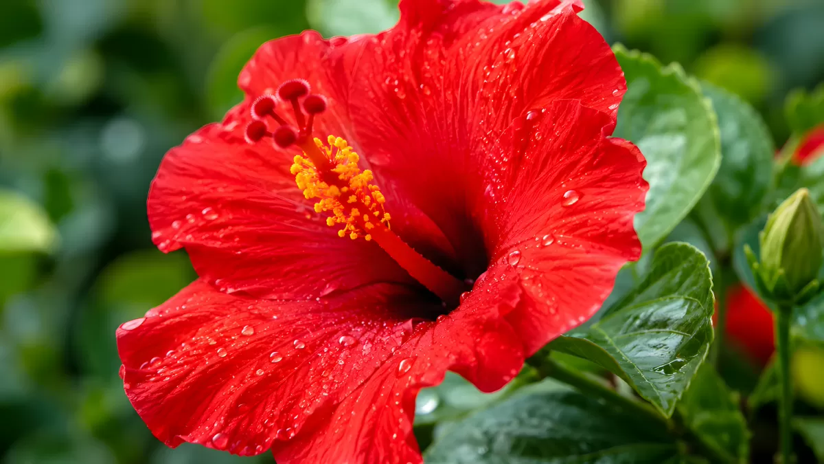 Rote Hibiskusblüte mit Wassertropfen im Nahaufnahme
