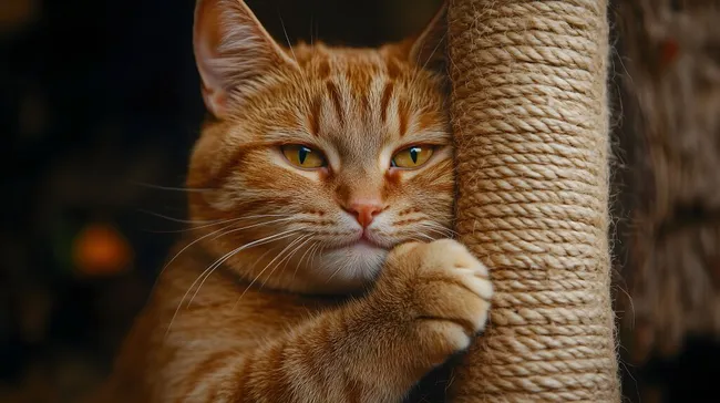 Rote Katze schärft ihre Krallen am Kratzbrett