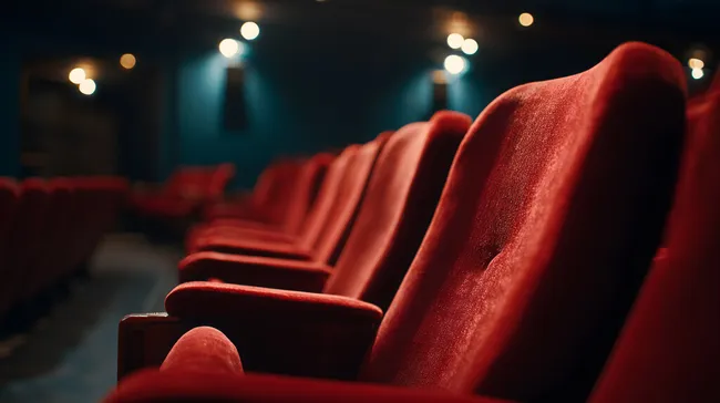 Rote Kinositzplätze in Dunkelheit mit Lichtreflexionen