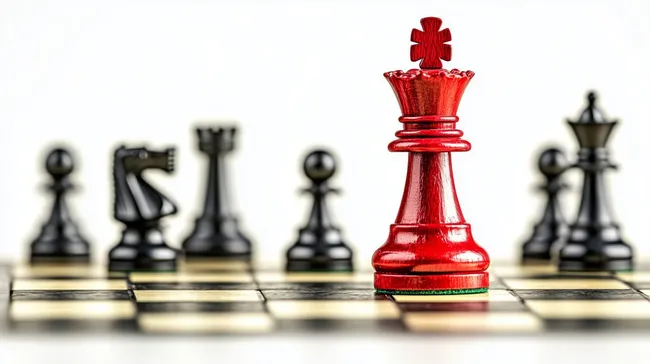 Rote Königsfigur auf Schachbrett mit schwarzen Figuren