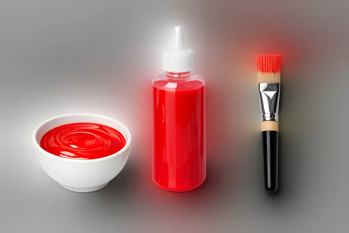 Rote Lebensmittelfarbe mit Schüssel und Pinsel