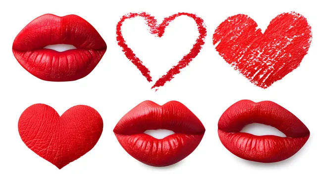 Rote Lippen und herzförmige Lippenstiftspuren auf weißem Hintergrund
