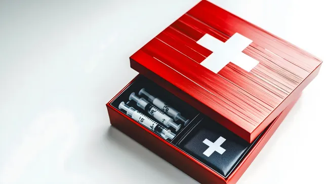 Rote Medikamentenbox mit Erste-Hilfe-Ausrüstung