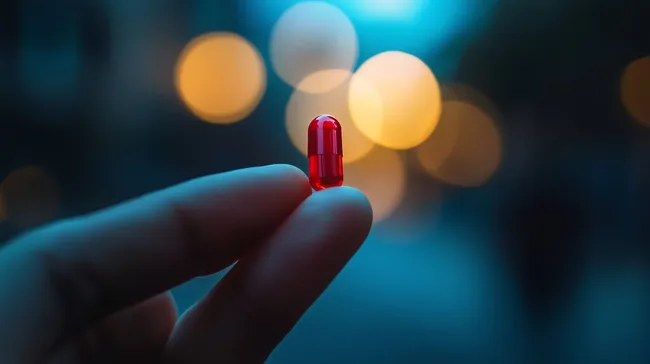 Rote Medizinkapsel in Hand gegen farbige Lichter