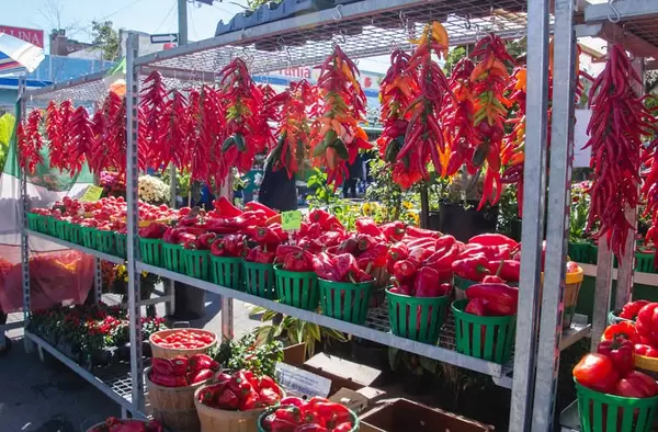 Rote Paprika und Chilis an einem sonnigen Tag auf dem Markt
