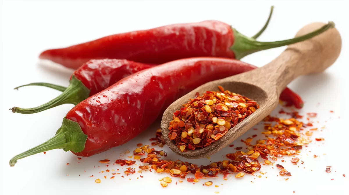 Rote Peperoni mit Chili-Gewürzen auf weißem Hintergrund