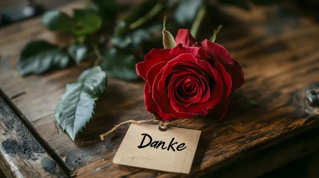 Rote Rose mit Danke-Schild auf rustikalem Holzhintergrund