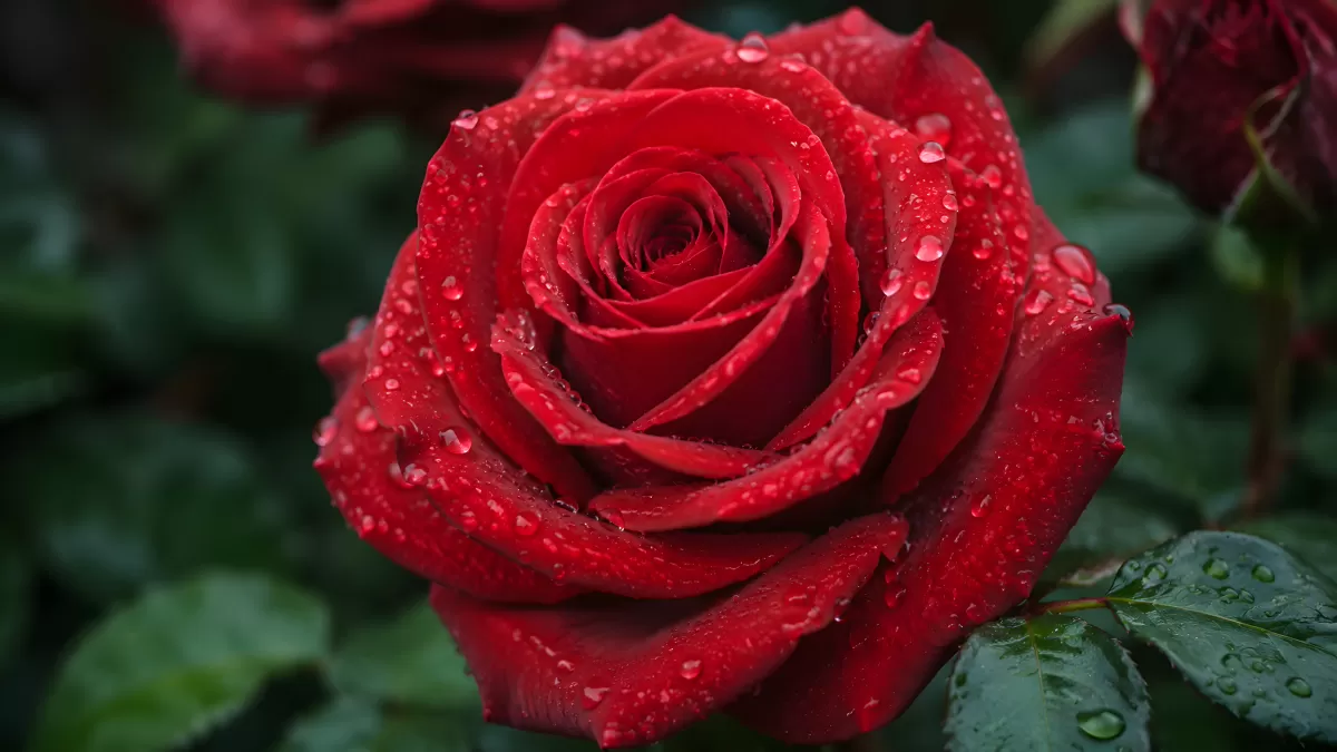 Rote Rose mit Wassertropfen im Garten