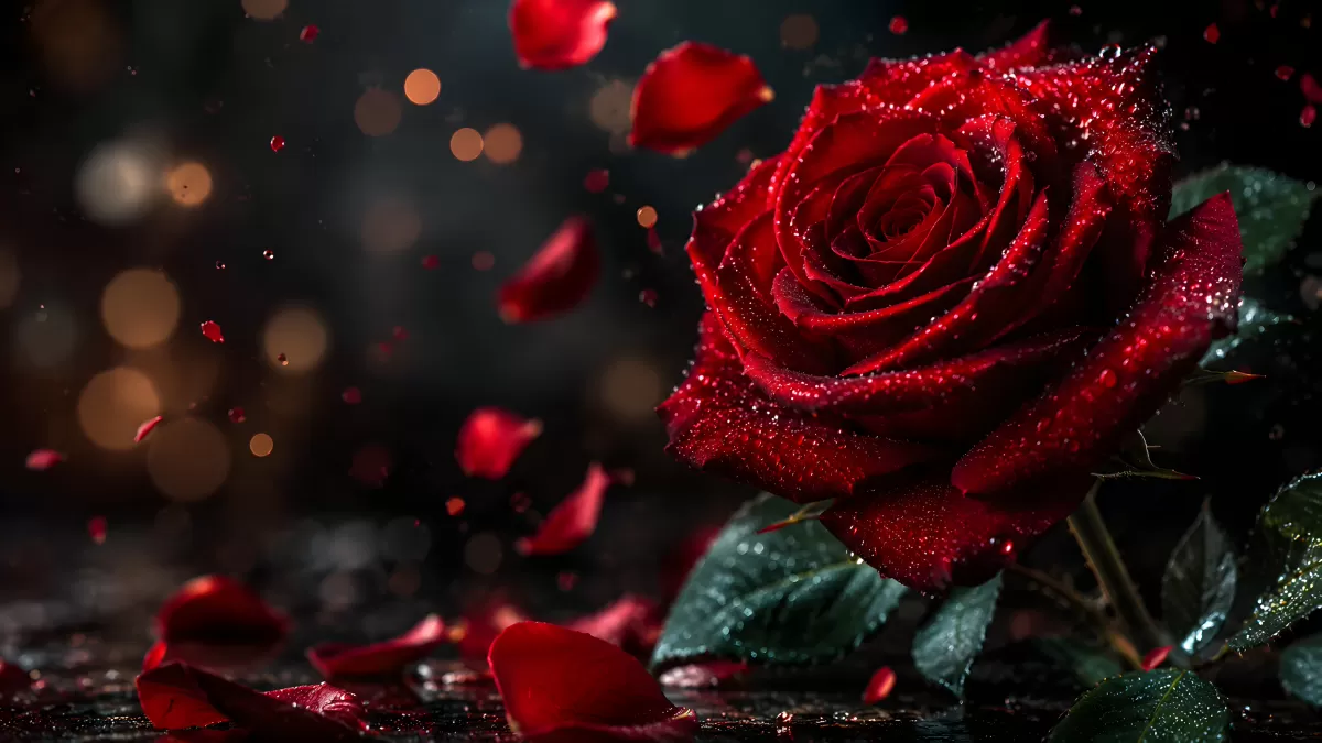 Rote Rose mit Wassertropfen und fliegenden Blütenblättern