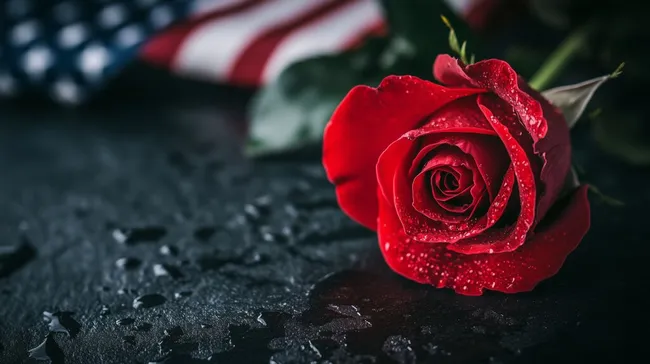 Rote Rose vor amerikanischer Flagge als Ehren- und Gedenkzeichen